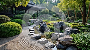 Traditional Japanese Garden with Koi Pond and Waterfall. Resplendent.