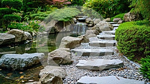 Traditional Japanese Garden with Koi Pond and Waterfall. Resplendent.