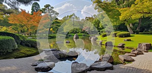 Traditional Japanese garden with a peaceful pond, meticulously placed stones, and vibrant autumn colors.