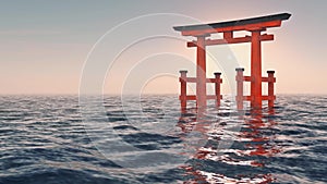 Traditional Japanese gate floating in the sea at sunset. Looped animation