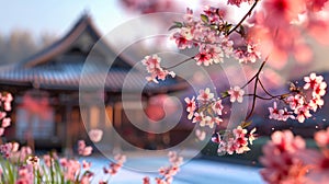 Traditional Japanese house with cherry blossoms