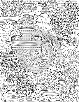 Traditional Japanese House Beside A Lake With Swans And Trees Colorless Line Drawing. Old Asian House Surrounded By Tree