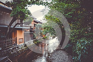 Traditional japanese houses on Shirakawa river, Gion district, K