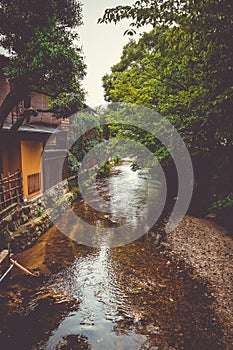 Traditional japanese houses on Shirakawa river, Gion district, Kyoto, Japan