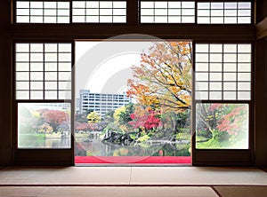 Traditional Japanese indoor house and paper sliding doors and