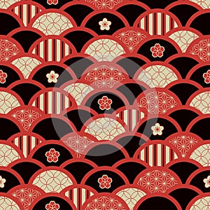 Traditional japanese kimono pattern of geometric waves in red and black oriental design