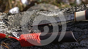 Traditional Japanese knife or tanto and sheath with red tassel