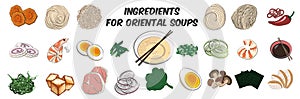 Traditional Japanese or Korean food-a large set of ingredients for traditional Oriental ramen noodle soups. Vector illustration in