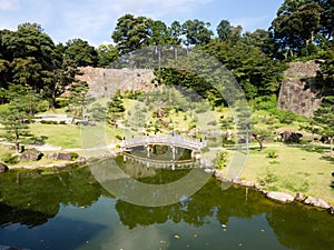 Traditional Japanese landscape garden on the grounds of Kanazawa castle