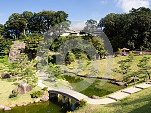 Traditional Japanese landscape garden on the grounds of Kanazawa castle