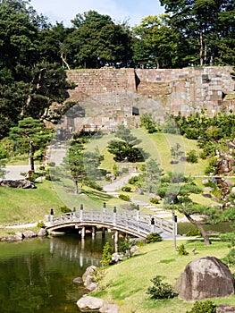 Traditional Japanese landscape garden on the grounds of Kanazawa castle