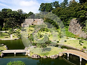 Traditional Japanese landscape garden on the grounds of Kanazawa castle