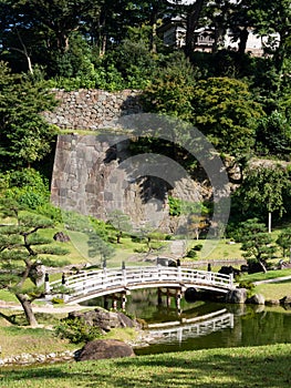 Traditional Japanese landscape garden with pond and wooden arched bridge