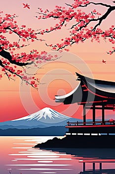 Traditional Japanese pagoda with iconic Mount Fuji in background, capturing essence of Japans natural beauty, cultural