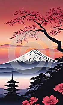 Traditional Japanese pagoda with iconic Mount Fuji in background, capturing essence of Japans natural beauty, cultural