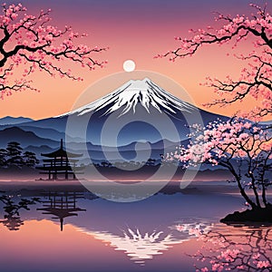 Traditional Japanese pagoda with iconic Mount Fuji in background, capturing essence of Japans natural beauty, cultural