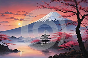 Traditional Japanese pagoda with iconic Mount Fuji in background, capturing essence of Japans natural beauty, cultural