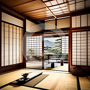 Traditional Japanese room with tatami mats - ai generated image