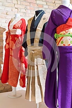 Traditional Japanese Samurai dress. Kimono costumes for man and woman on mannequins.