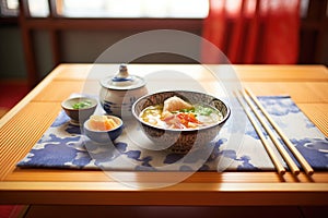 traditional japanese setting, miso soup with tatami mat