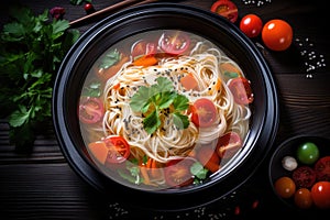 Traditional japanese soup with noodles, vegetables and sesame seeds, Chinese noodle soup with vegetables on a black wooden
