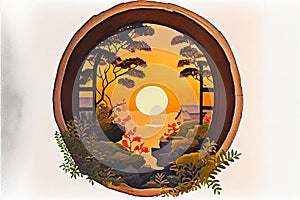 Traditional Japanese garden through a round window