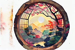 Traditional Japanese garden through a round window
