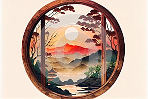 Traditional Japanese garden through a round window