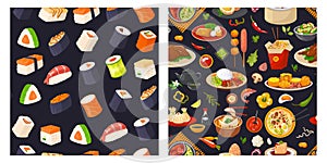 Traditional Japanese sushi food banner set, vector illustration. Asian healthy meal product pattern on black background