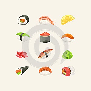 Traditional japanese sushi and rolls. Asian seafood, restaurant delicious and sashimi set. vector illustration.