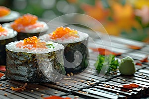 Traditional Japanese Sushi Rolls with Bright Salmon Flavors Perfect for Food Photography, Menu Restaurant