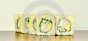 Traditional japanese sushi rolls california with avocado and crab