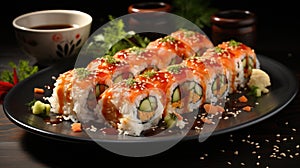 Traditional Japanese sushi rolls with ginger and soy sauce, Sushi with salmon, tuna, shrimp