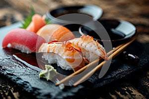 Traditional Japanese Sushi Selection on Rustic Background