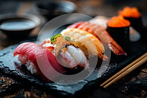 Traditional Japanese Sushi on a Slate Plate