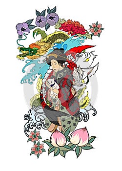 Traditional Japanese tattoo design for back body.Japanese women in kimono with her cat and Dragon.Hand drawn geisha girl