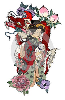 Traditional Japanese tattoo design for back body.Japanese women in kimono with her cat and Dragon.Hand drawn geisha girl