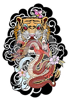 Traditional Japanese tattoo design for back body.Tiger face with old dragon on cloud background.