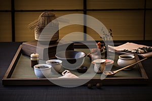 Traditional japanese tea ceremony, utensils arranged neatly. Generative AI