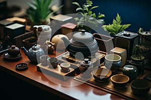 Traditional japanese tea ceremony, utensils arranged neatly. Generative AI