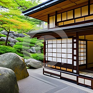 Traditional Japanese Tea House: A traditional Japanese tea house with sliding doors, tatami mats, and a serene rock garden4, Gen