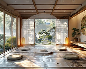 Traditional Japanese tea room with tatami flooring and shoji screens3D render.