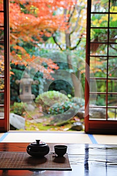 Traditional Japanese Tea Set on Tatami Mat Overlooking a Serene Autumn Garden