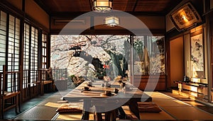 Traditional Japanese tearoom with tatami mats, low wooden table, and sliding shoji doors, showcasing a peaceful cherry blossom