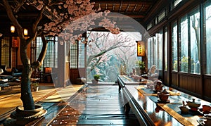 Traditional Japanese tearoom with tatami mats, low wooden table, and sliding shoji doors, showcasing a peaceful cherry blossom