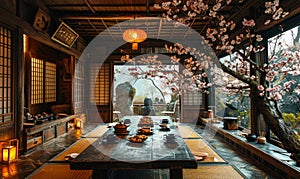 Traditional Japanese tearoom with tatami mats, low wooden table, and sliding shoji doors, showcasing a peaceful cherry blossom