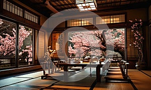 Traditional Japanese tearoom with tatami mats, low wooden table, and sliding shoji doors, showcasing a peaceful cherry blossom