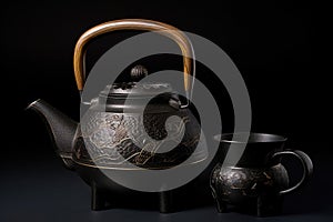 traditional japanese tetsubin kettle with teacup