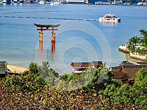Traditional Japanese torii gate floating in a tranquil body of water in Itsukushima.