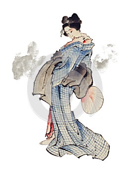 Traditional Japanese Ukyio-e style illustration of a Japanese woman in kimono by Katsushika Hokusai 1760-1849. Original from Lib photo